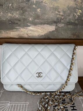 CHANEL Light Blue Quilted Lambskin Crossbody with Gold Chain